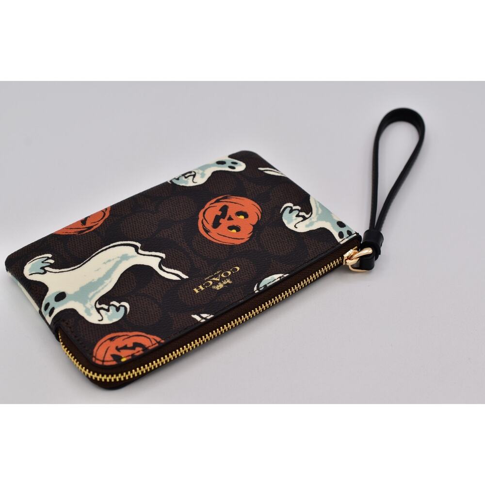 Coach Corner Zip Wristlet In Signature Canvas With Halloween Print Walnut Ghost - Picture 8 of 16